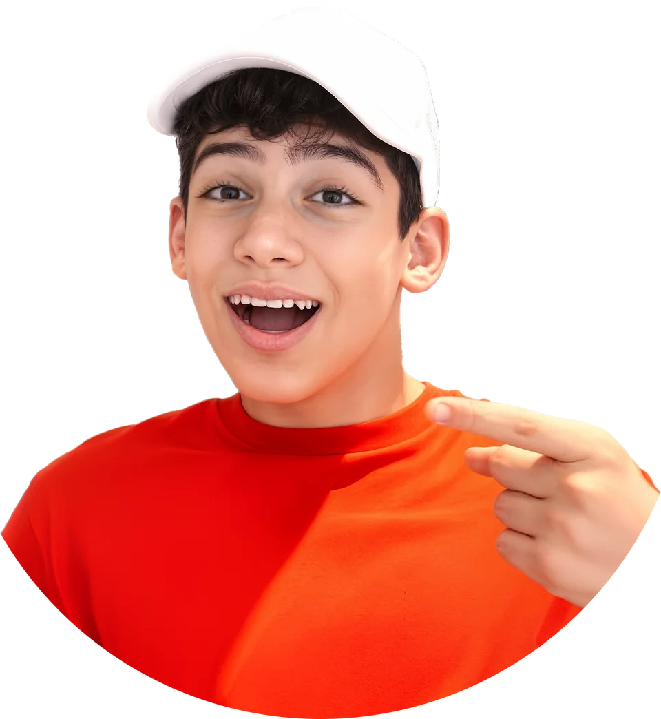 Jason in a white cap and orange T-shirt, pointing to the side